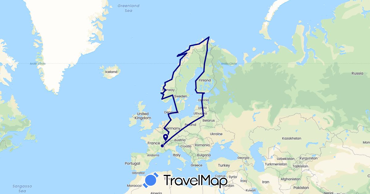 TravelMap itinerary: driving in Switzerland, Germany, Denmark, Estonia, Finland, France, Lithuania, Norway, Sweden (Europe)
